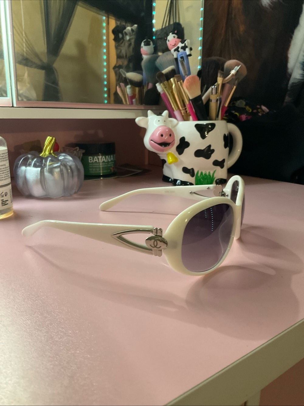 Vintage CHANEL White Oval Sunglasses with Silver Logo and Gradient Lenses
